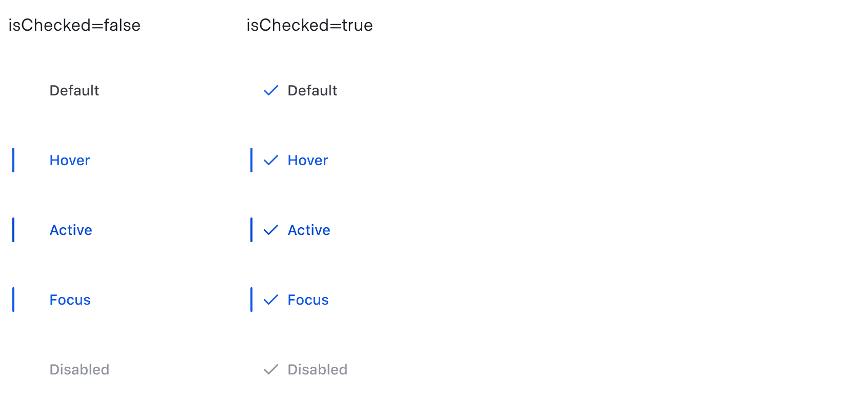 Showing the different states for the SuperSelect list item checkmark variant