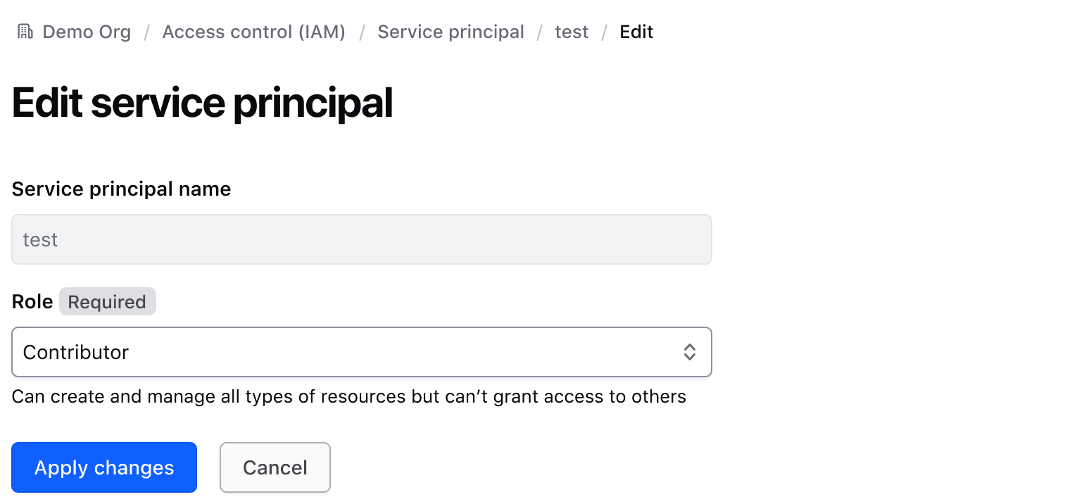 A form to edit a service principal. The title is "Edit service principal" and the save button is "Apply changes".